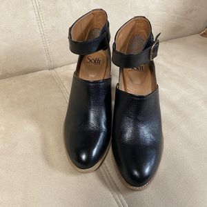 Leather ankle strap shoe.